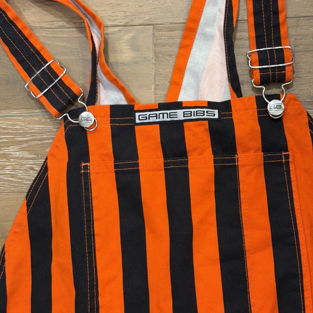 Game Bibs Adult Orange/Black College Stripes Overalls Large - Picture 2 of 14
